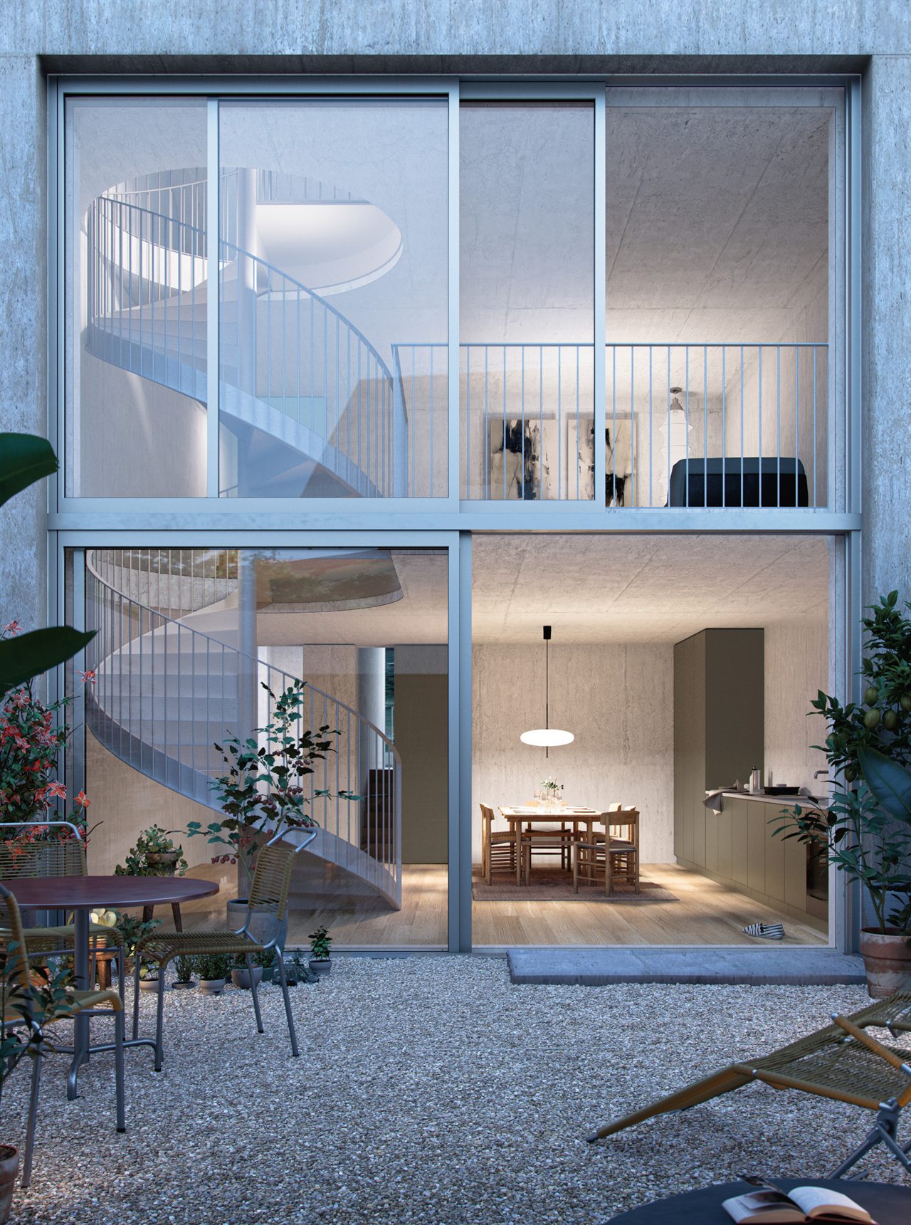 Visualisierung des Innenhofs mit Wendeltreppe, Townhouse Dorfreben Schleinikon